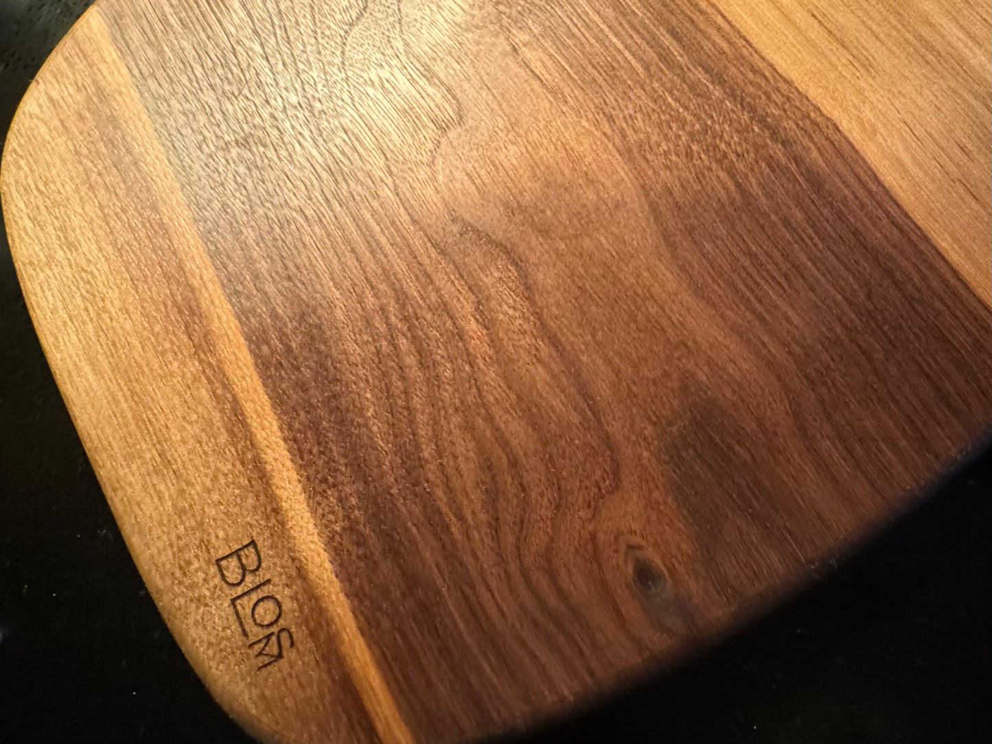 BLOSM | Cutting Boart 12”x 9” with a eggplant / squash handle. Walnut. Designed and Handcrafted in California. - BLOSM | Blossom Woodworking