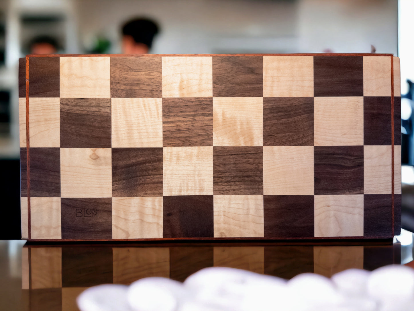 BLOSM | Original | Cutting Board. Checkered (Chess Design)  16in x 9in. Exotic hardwood: Walnut, Maple and Padauk. Limited run design. This one is 1 out of 2 pieces. Luxury, unique, artisan, high-end, handcrafted in USA. - BLOSM | Blossom Woodworking
