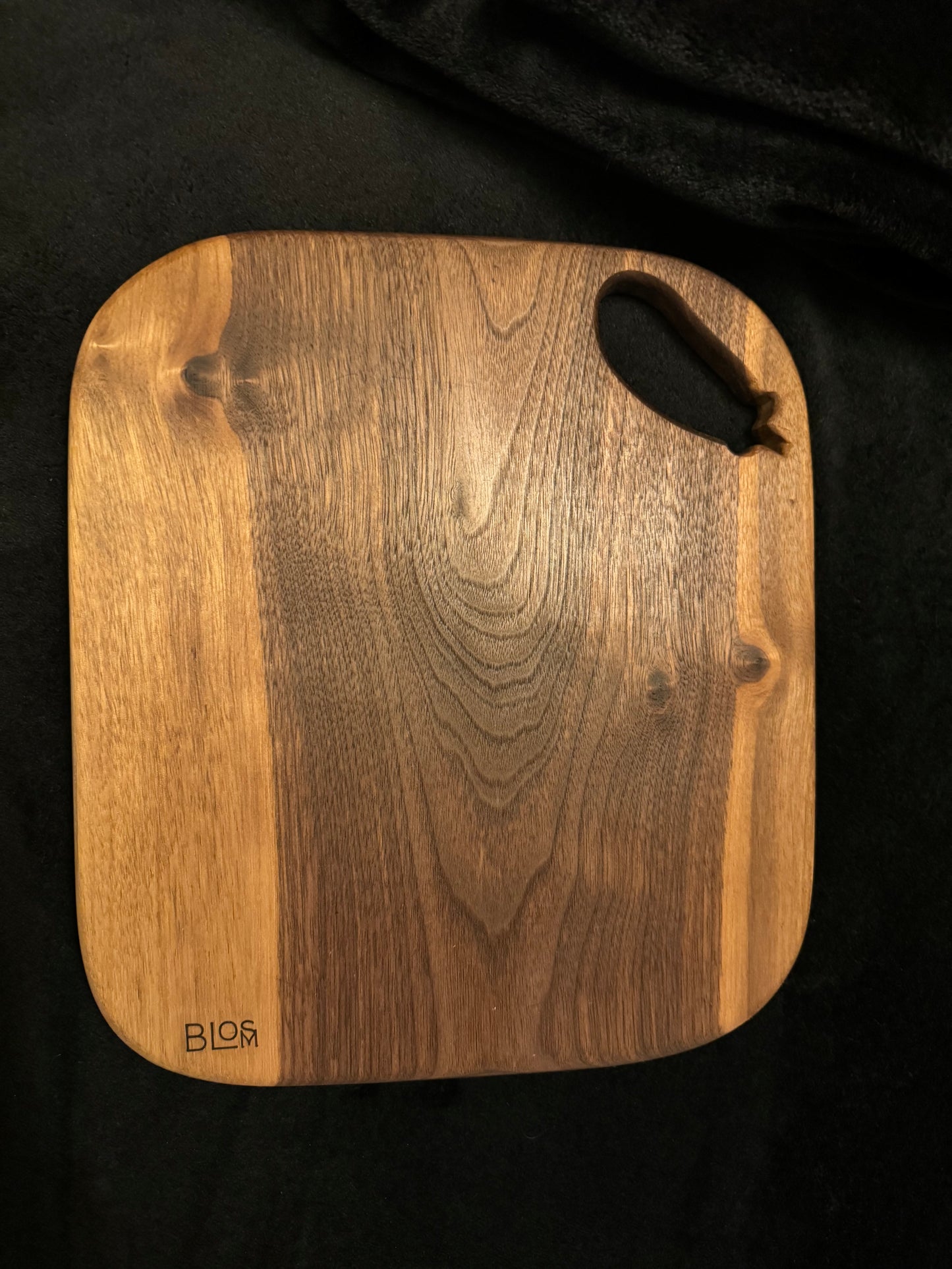 BLOSM | Cutting Board 15"x 13” with a eggplant / squash handle. Walnut. Designed and Handcrafted in California. - BLOSM | Blossom Woodworking