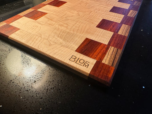 BLOSM | Cutting Boards SET 15"x 10" with a handle. "REDblocks". African Padauk, Maple, Zebra Wood. Designed and Handcrafted in California. - BLOSM | Blossom Woodworking