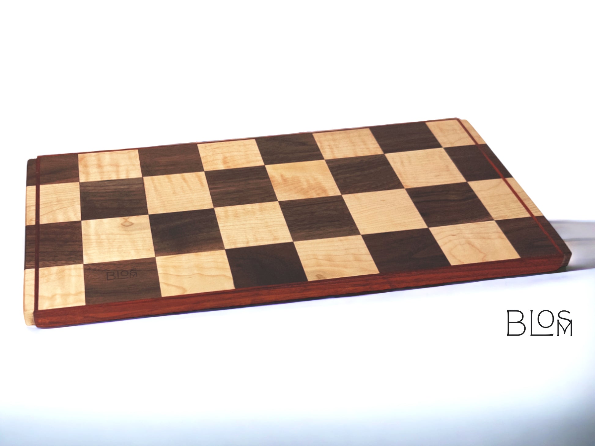 BLOSM | Original | Cutting Board. Checkered (Chess Design)  16in x 9in. Exotic hardwood: Walnut, Maple and Padauk. Limited run design. This one is 1 out of 2 pieces. Luxury, unique, artisan, high-end, handcrafted in USA. - BLOSM | Blossom Woodworking