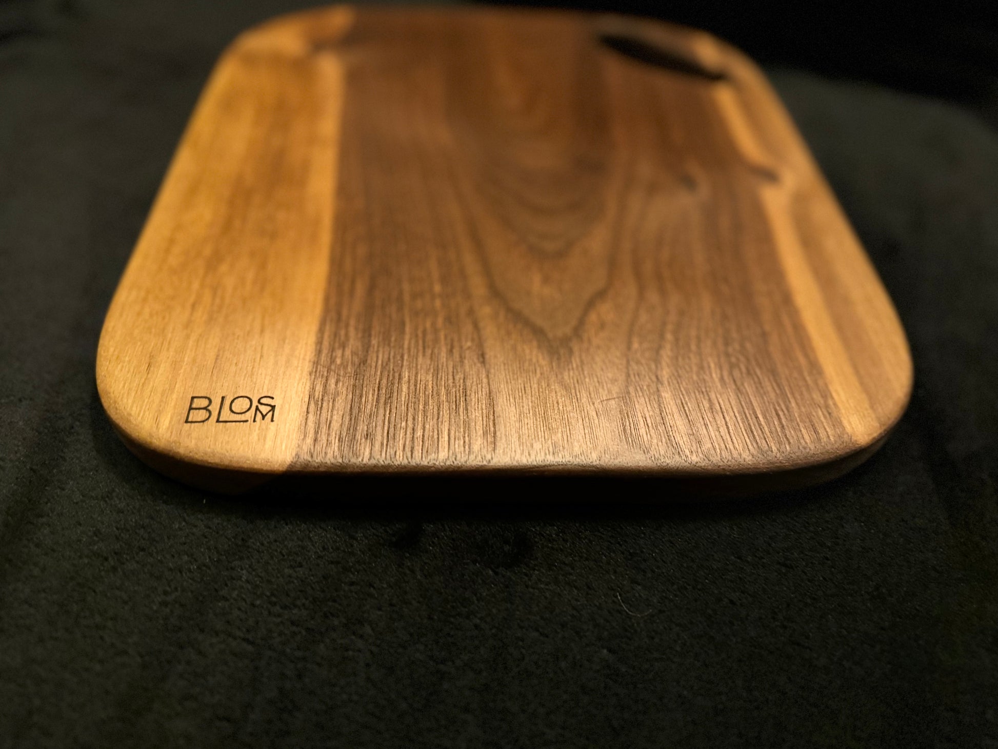 BLOSM | Cutting Board 15"x 13” with a eggplant / squash handle. Walnut. Designed and Handcrafted in California. - BLOSM | Blossom Woodworking