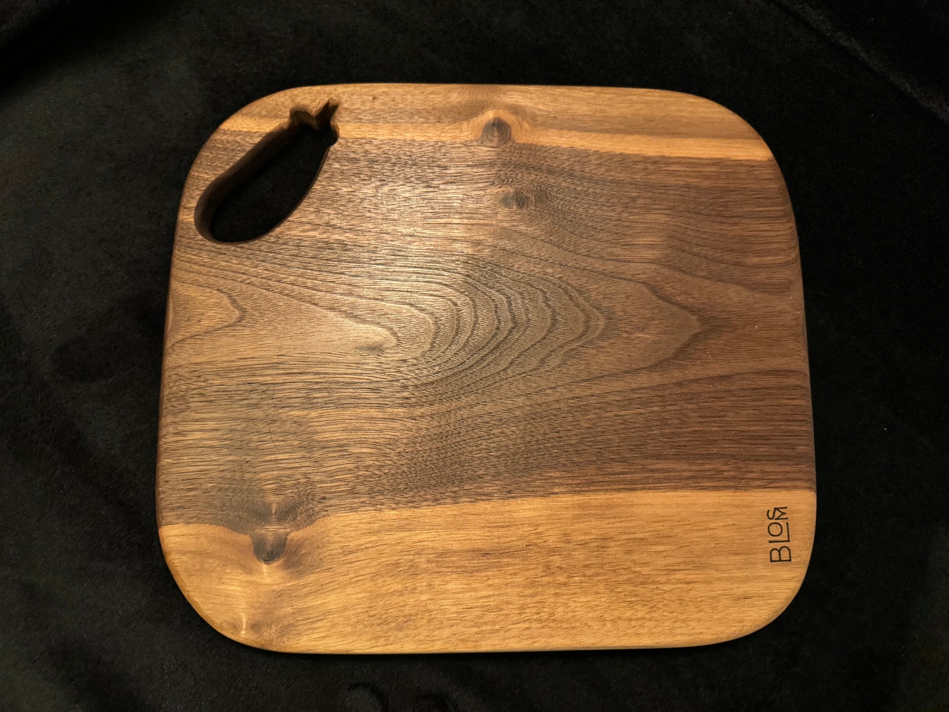 BLOSM | Cutting Board 15"x 13” with a eggplant / squash handle. Walnut. Designed and Handcrafted in California. - BLOSM | Blossom Woodworking