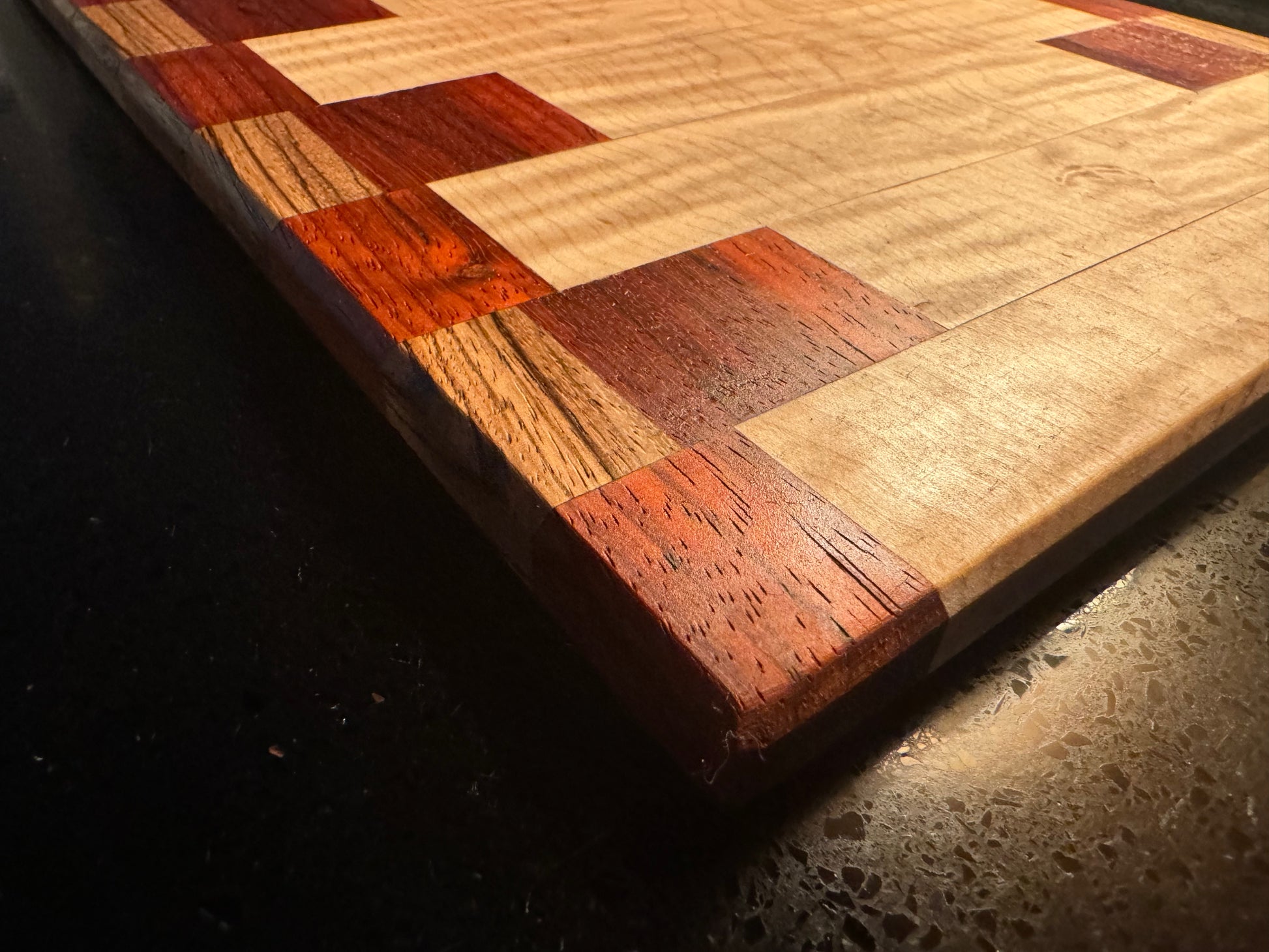 BLOSM | Cutting Boards SET 15"x 10" with a handle. "REDblocks". African Padauk, Maple, Zebra Wood. Designed and Handcrafted in California. - BLOSM | Blossom Woodworking