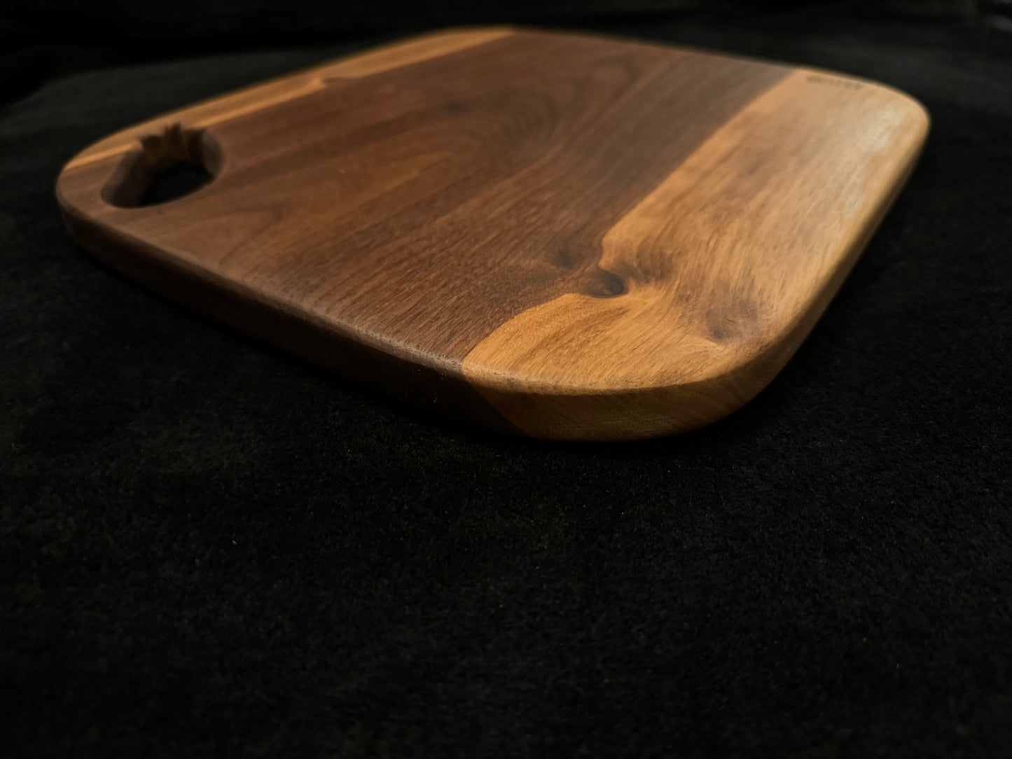 BLOSM | Cutting Board 15"x 13” with a eggplant / squash handle. Walnut. Designed and Handcrafted in California. - BLOSM | Blossom Woodworking