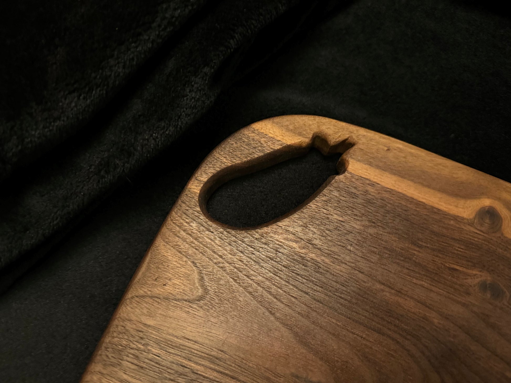 BLOSM | Cutting Board 15"x 13” with a eggplant / squash handle. Walnut. Designed and Handcrafted in California. - BLOSM | Blossom Woodworking