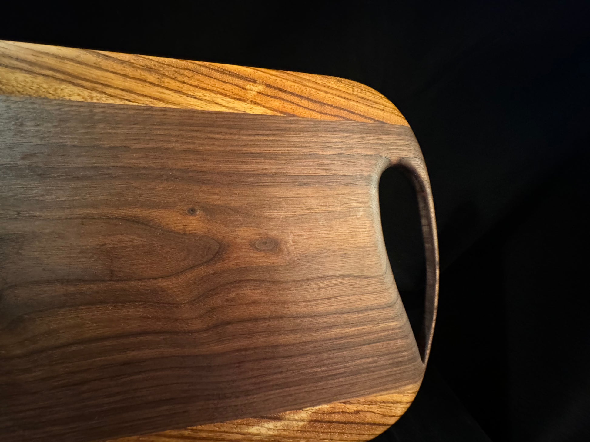 BLOSM | Cutting Board 11"x 10" with a handle. "Zebra Tear". Zebra Wood and Walnut. Designed and Handcrafted in California. - BLOSM | Blossom Woodworking