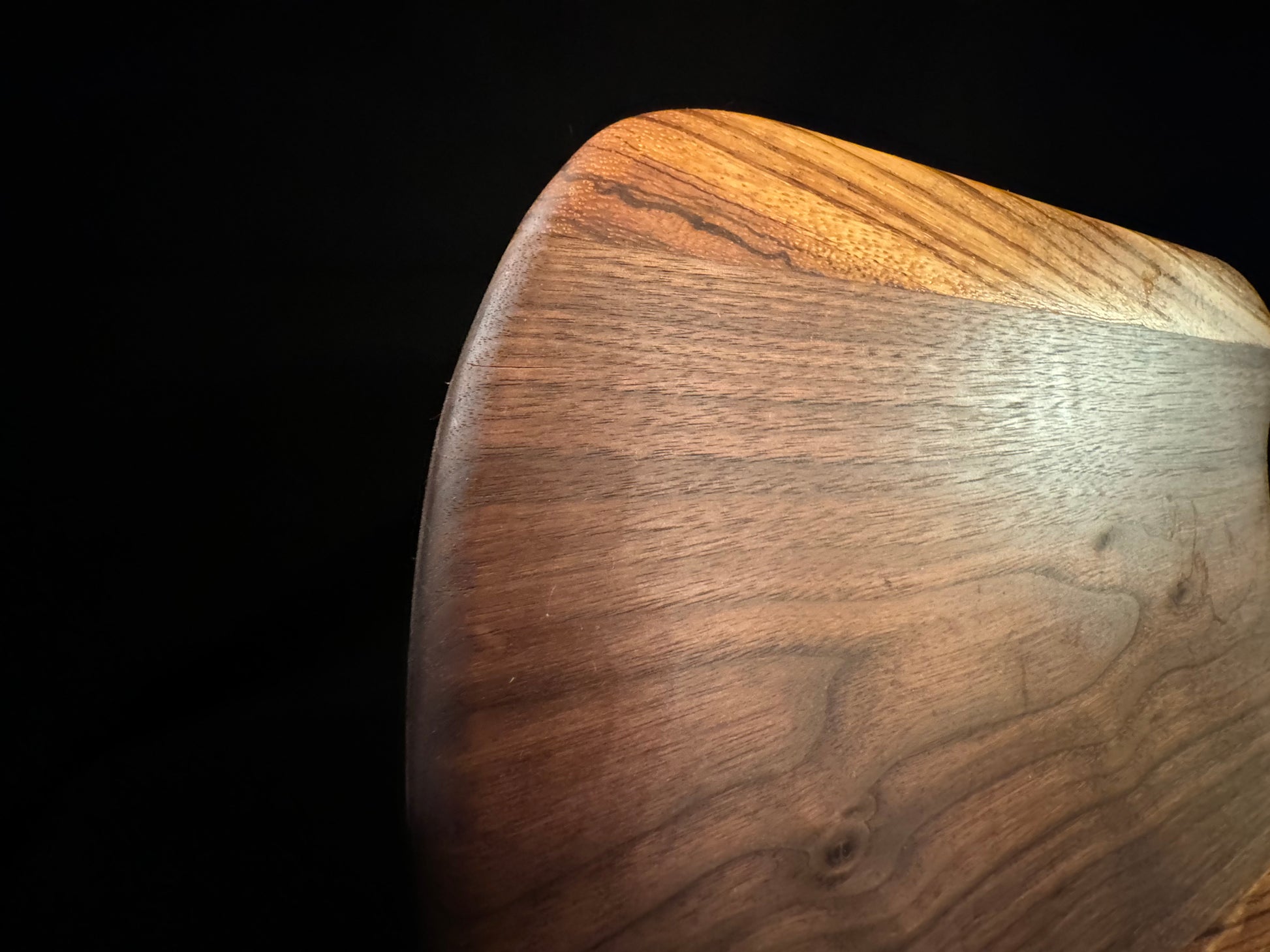 BLOSM | Cutting Board 11"x 10" with a handle. "Zebra Tear". Zebra Wood and Walnut. Designed and Handcrafted in California. - BLOSM | Blossom Woodworking