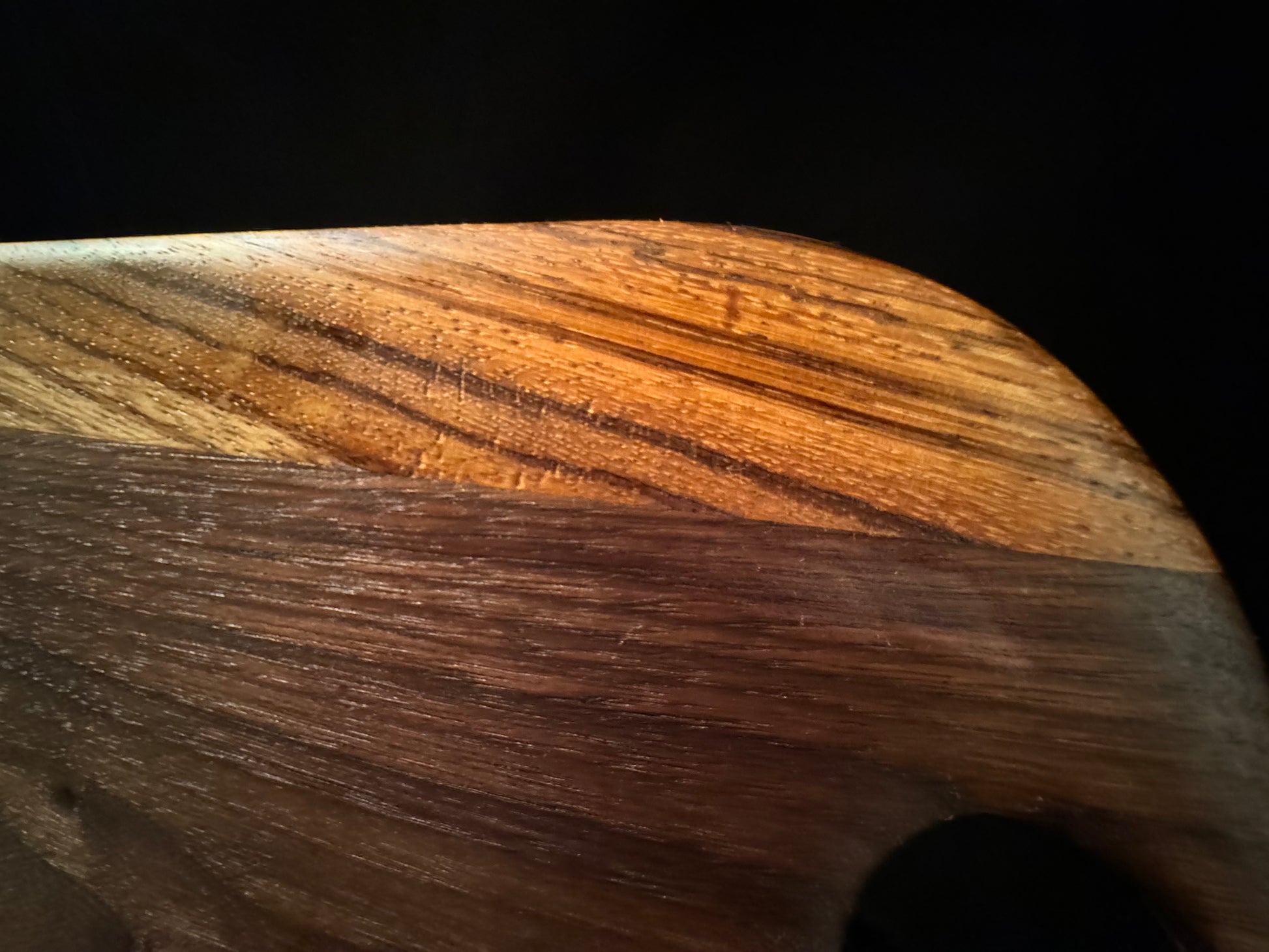 BLOSM | Cutting Board 11"x 10" with a handle. "Zebra Tear". Zebra Wood and Walnut. Designed and Handcrafted in California. - BLOSM | Blossom Woodworking