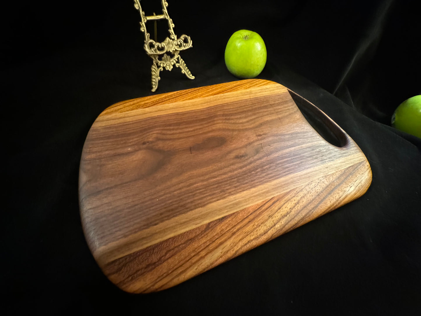 BLOSM | Cutting Board 11"x 10" with a handle. "Zebra Tear". Zebra Wood and Walnut. Designed and Handcrafted in California. - BLOSM | Blossom Woodworking