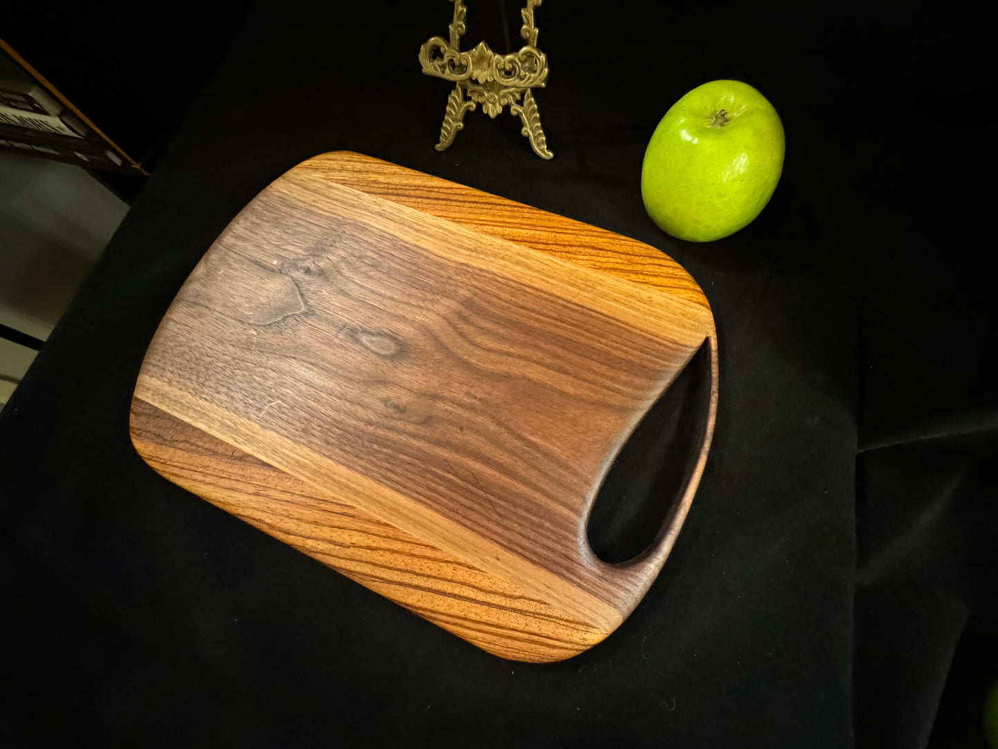 BLOSM | Cutting Board 11"x 10" with a handle. "Zebra Tear". Zebra Wood and Walnut. Designed and Handcrafted in California. - BLOSM | Blossom Woodworking