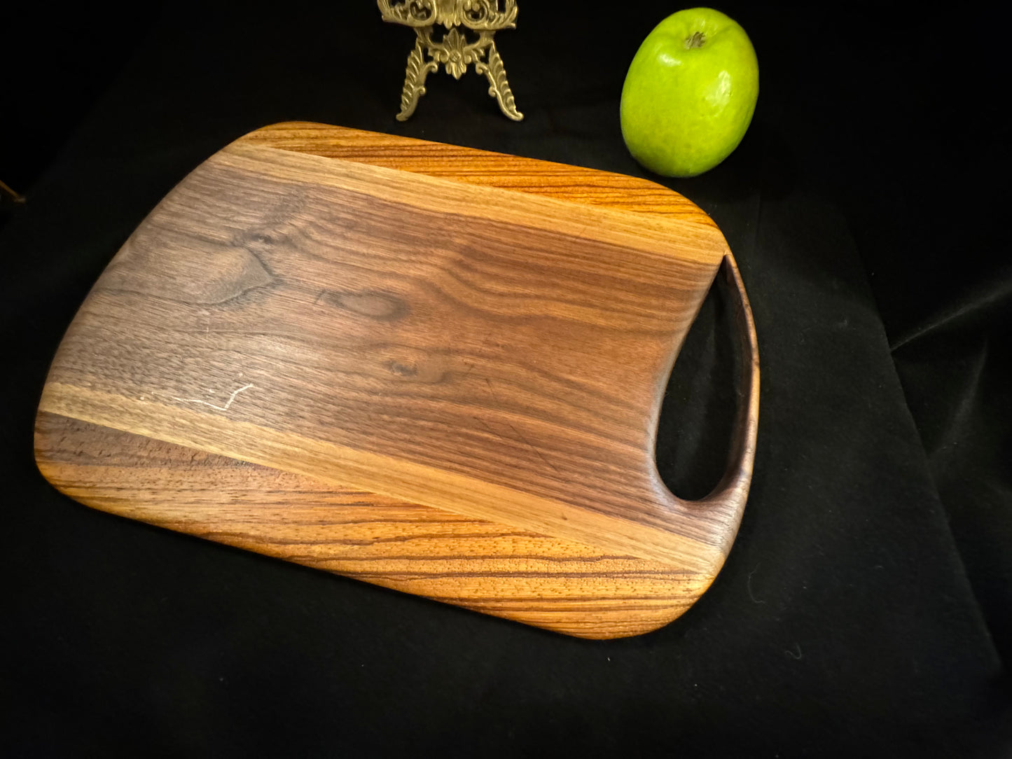 BLOSM | Cutting Board 11"x 10" with a handle. "Zebra Tear". Zebra Wood and Walnut. Designed and Handcrafted in California. - BLOSM | Blossom Woodworking