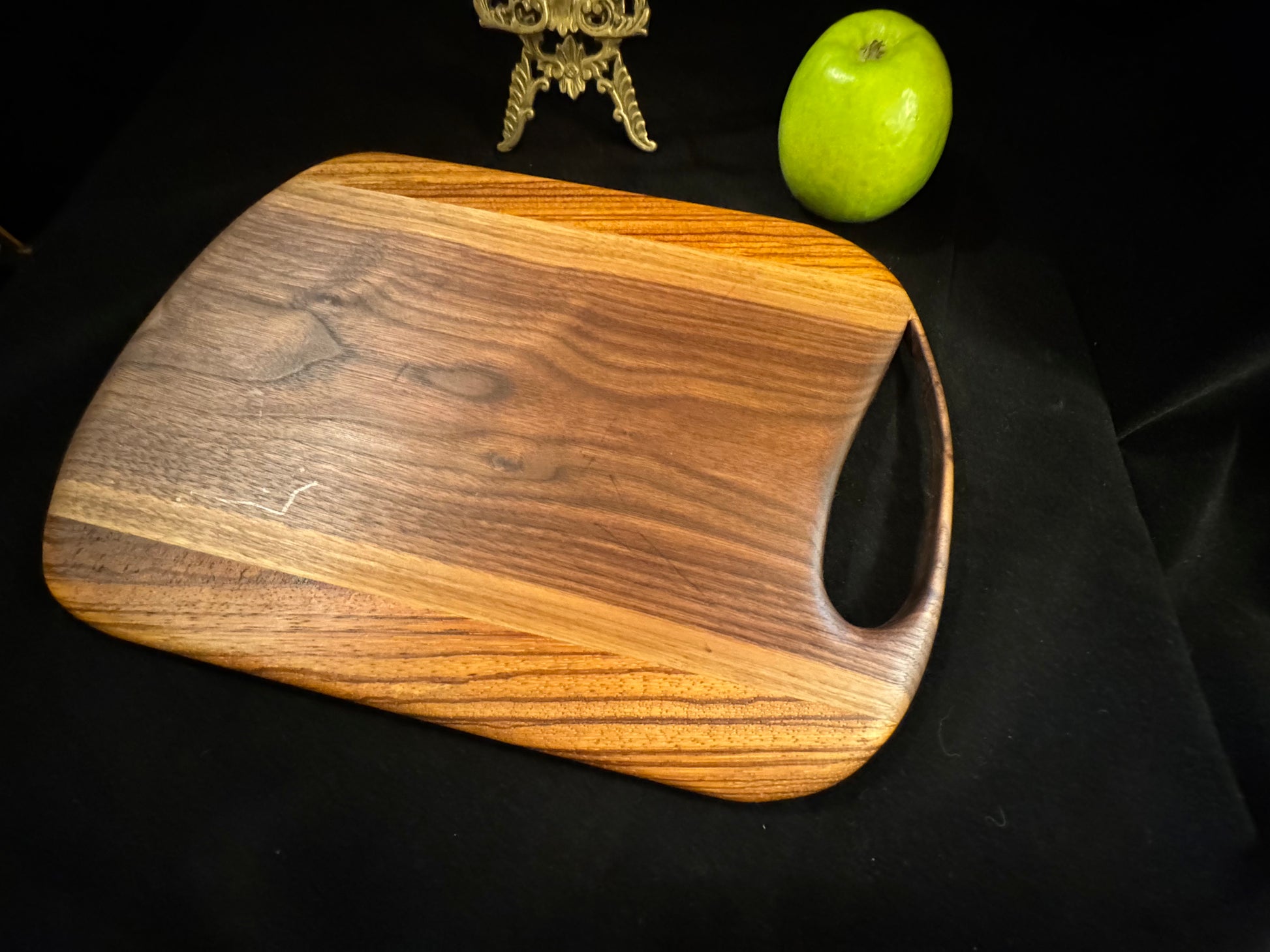 BLOSM | Cutting Board 11"x 10" with a handle. "Zebra Tear". Zebra Wood and Walnut. Designed and Handcrafted in California. - BLOSM | Blossom Woodworking