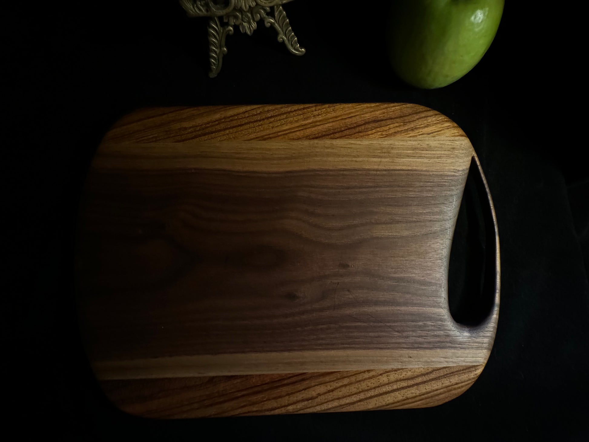 BLOSM | Cutting Board 11"x 10" with a handle. "Zebra Tear". Zebra Wood and Walnut. Designed and Handcrafted in California. - BLOSM | Blossom Woodworking