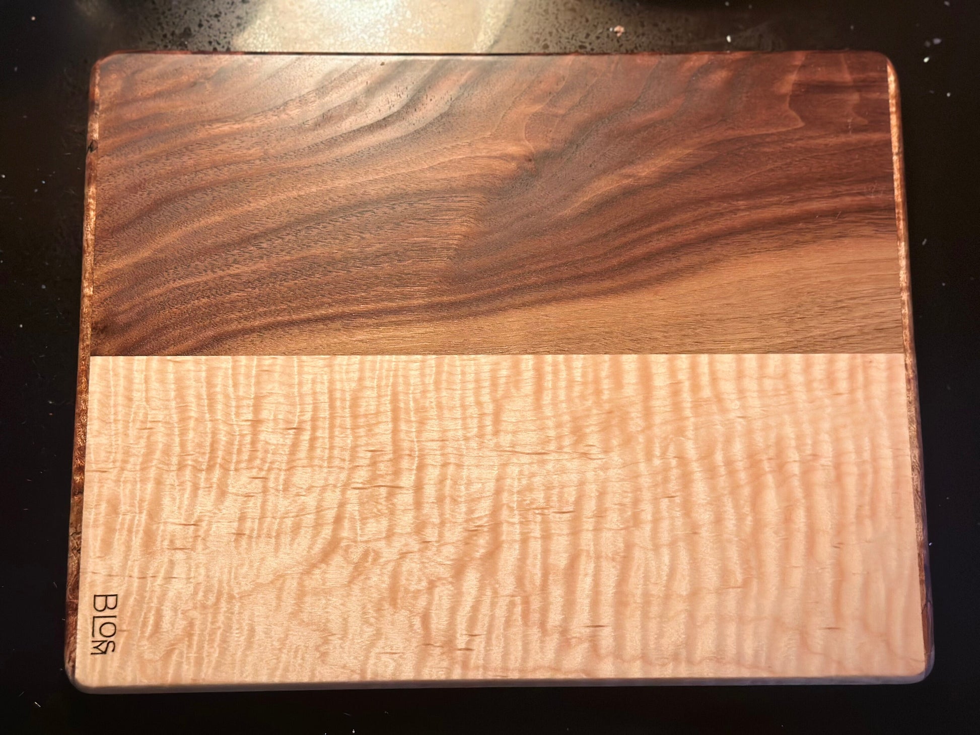 BLOSM | Spalted Maple, Walnut Cutting Board 13.75"x 10.5" Highend handcrafted, with a story. Personalization option, with Certifacation.