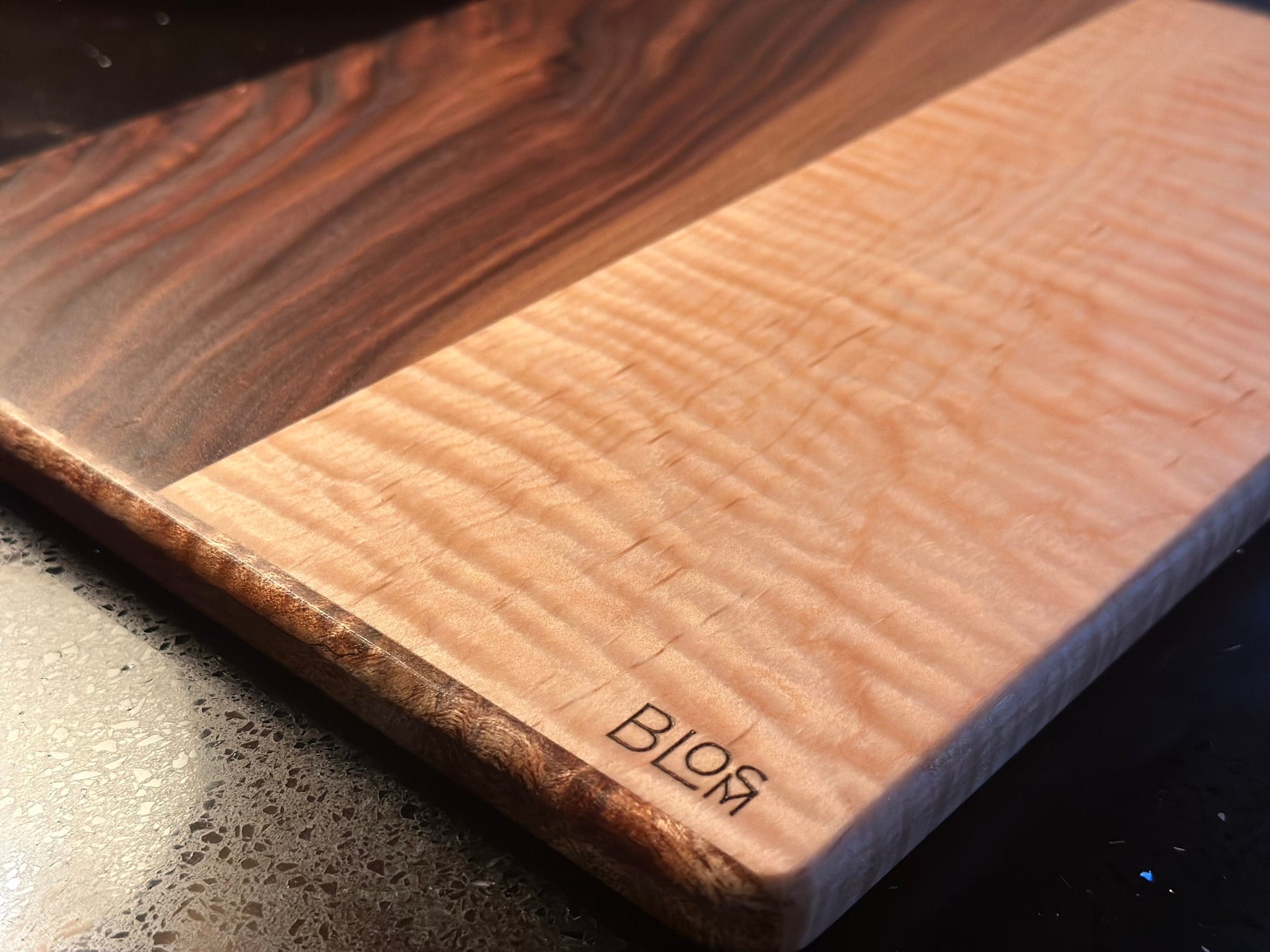 BLOSM | Spalted Maple, Walnut Cutting Board 13.75"x 10.5" Highend handcrafted, with a story. Personalization option, with Certifacation.