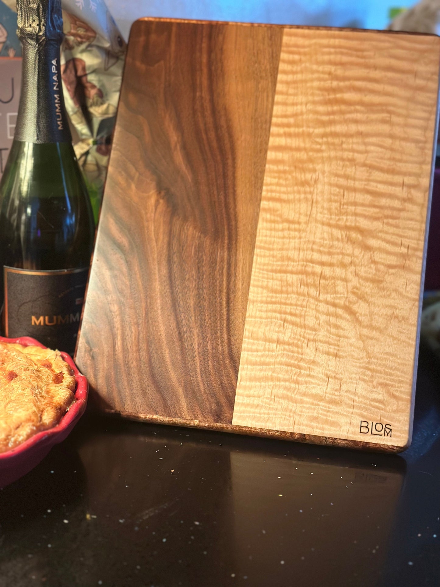 BLOSM | Spalted Maple, Walnut Cutting Board 13.75"x 10.5" Highend handcrafted, with a story. Personalization option, with Certifacation.