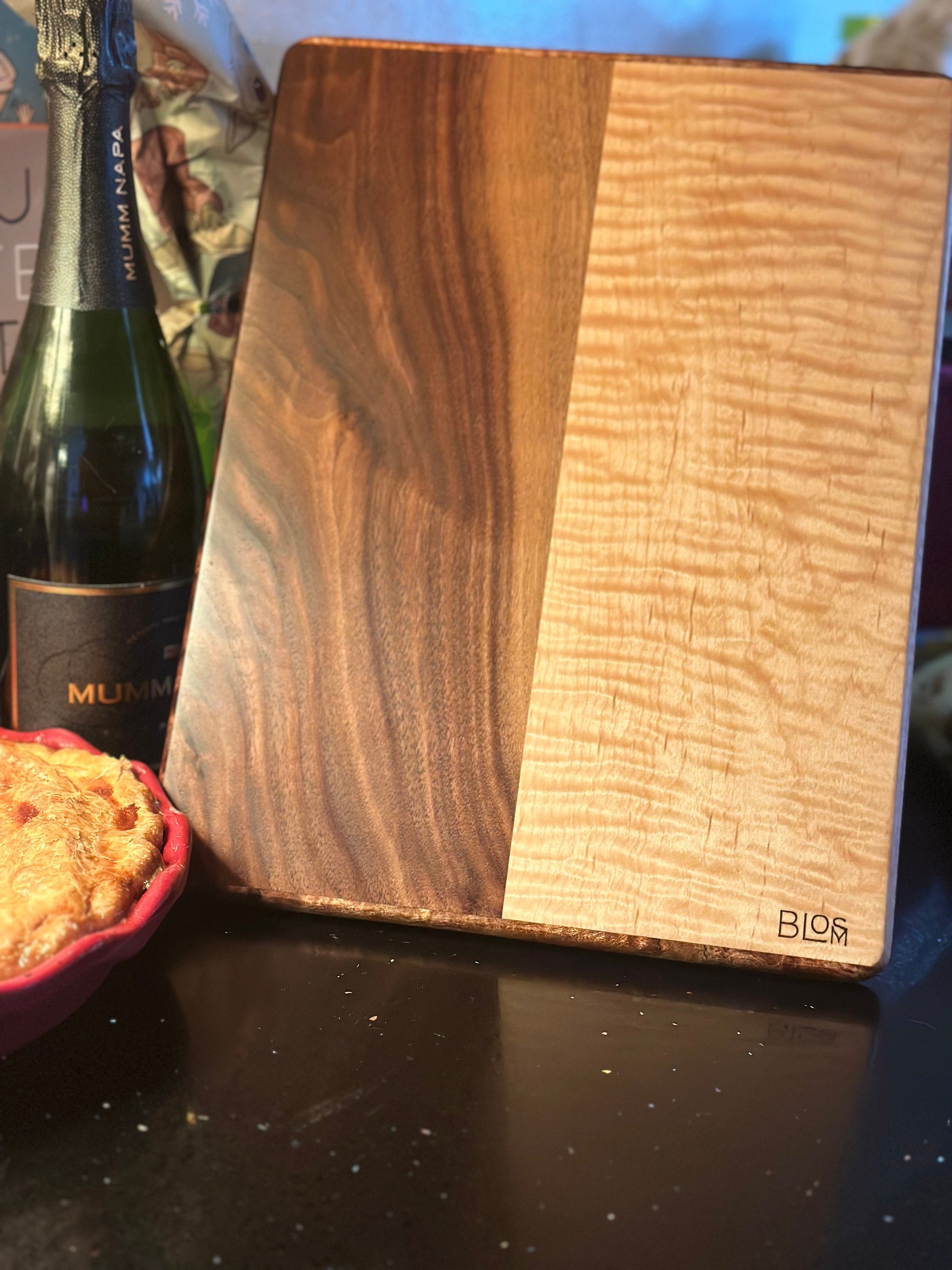 BLOSM | Spalted Maple, Walnut Cutting Board 13.75"x 10.5" Highend handcrafted, with a story. Personalization option, with Certifacation.