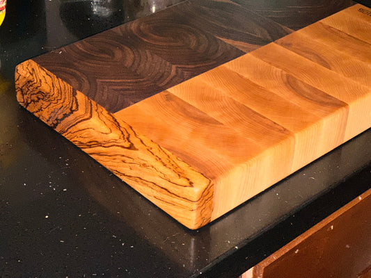 BLOSM | Zebra Edge Grain thick Cutting Board / Butchers Block 23"x15" +Walnut,Maple. Luxury, unique artisan, high-end handcrafted. Certified