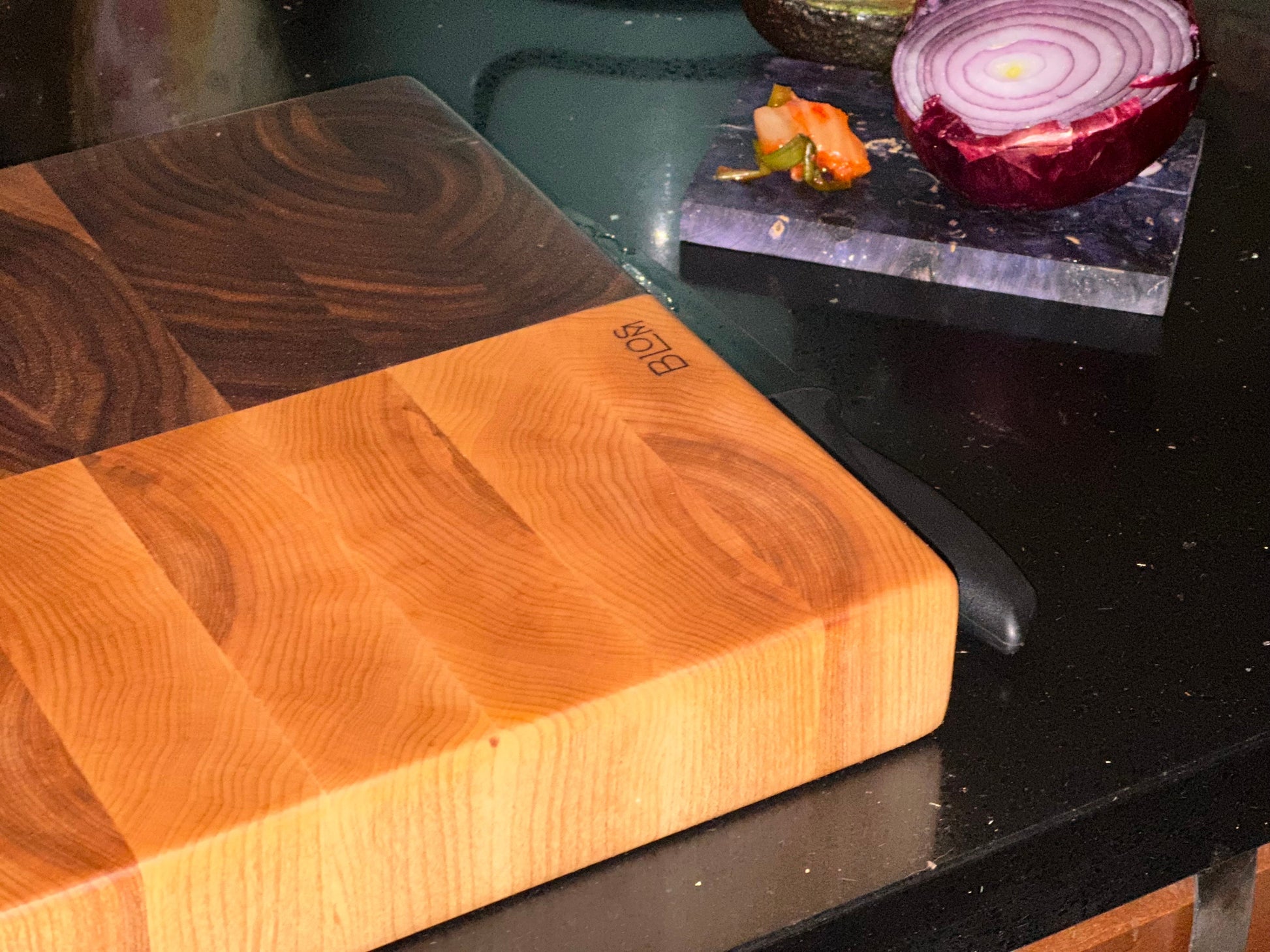 BLOSM | Zebra Edge Grain thick Cutting Board / Butchers Block 23"x15" +Walnut,Maple. Luxury, unique artisan, high-end handcrafted. Certified