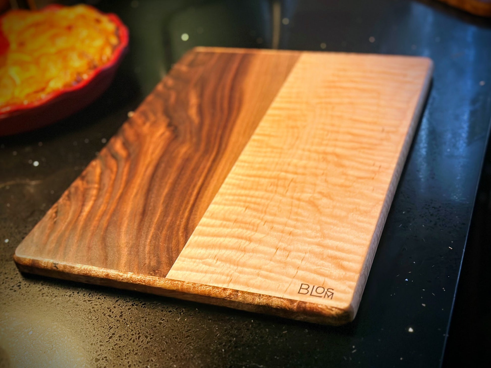 BLOSM | Spalted Maple, Walnut Cutting Board 13.75"x 10.5" Highend handcrafted, with a story. Personalization option, with Certifacation.