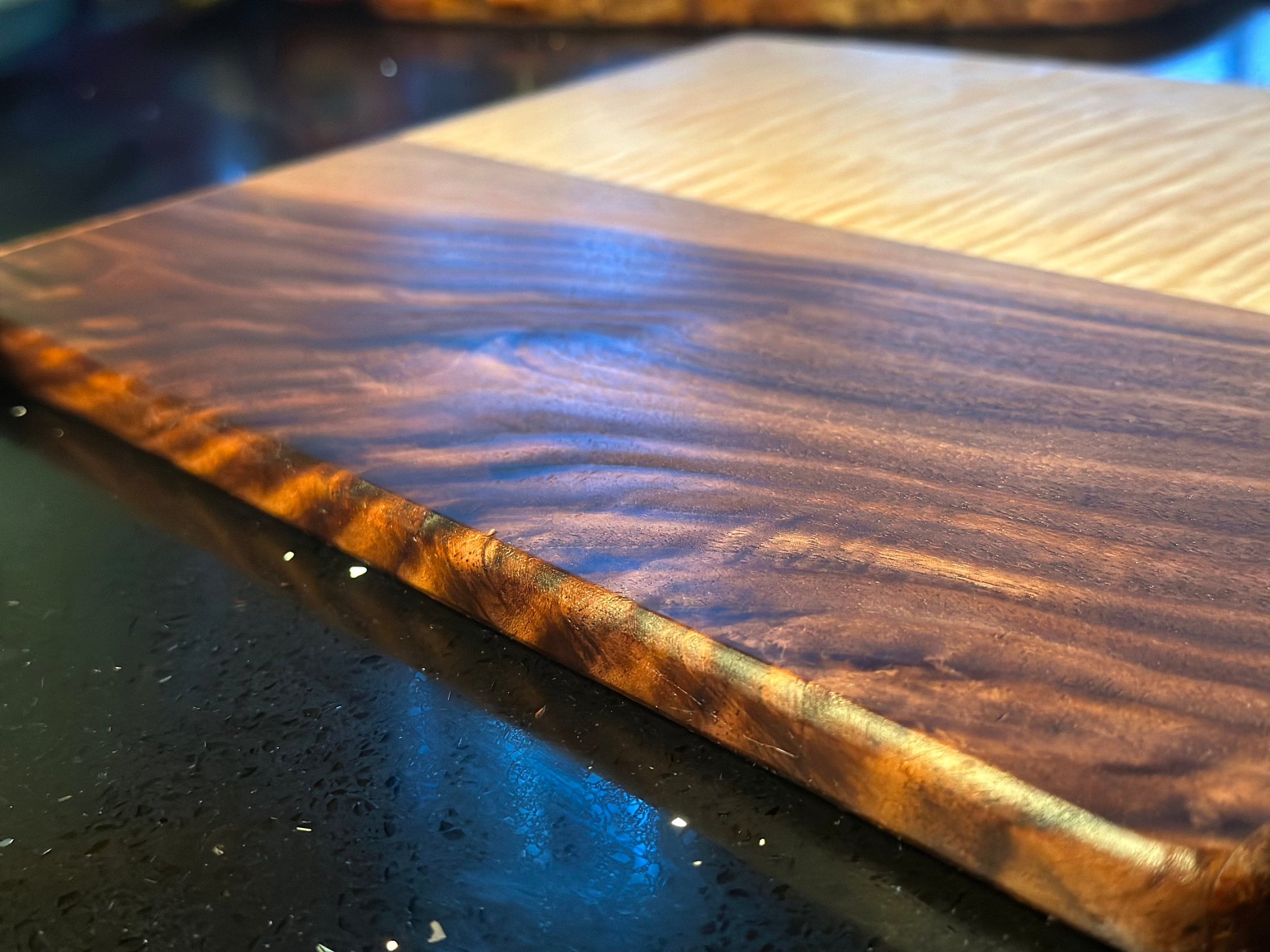 BLOSM | Spalted Maple, Walnut Cutting Board 13.75"x 10.5" Highend handcrafted, with a story. Personalization option, with Certifacation.