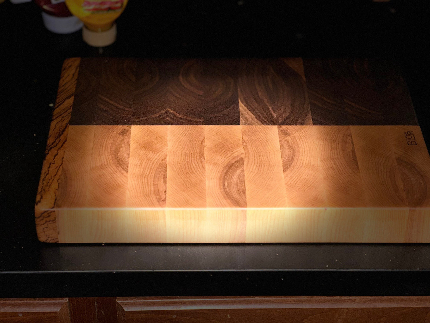 BLOSM | Zebra Edge Grain thick Cutting Board / Butchers Block 23"x15" +Walnut,Maple. Luxury, unique artisan, high-end handcrafted. Certified